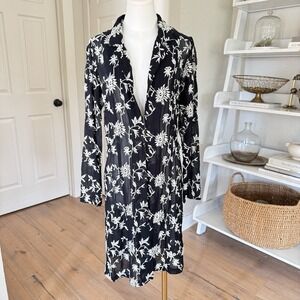 Vintage 90s Y2k Black Sheer Long Duster Cardigan Floral Fairy Whimsi Goth Sz M